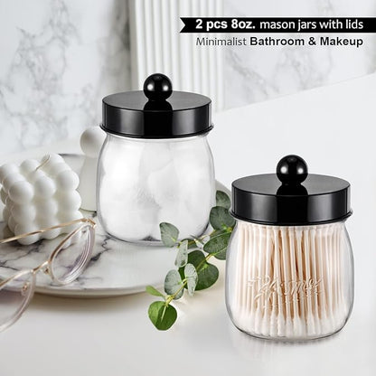 Farmhouse Decor Apothecary Jar Set,Mason Jar Bathroom Vanity Storage Organizer Canister-Qtip Holder Plastic Acrylic Jar for Cotton Swabs,Cotton Pads,Floss Picks,Paper Clips,Hair Clips(4 Pack)