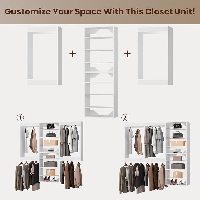 ROOMTEC Modular Closet System, 96" Wall-Mounted Closet Organizer with Hanging Rods and Shelves, Wooden Tower for Walk-In Closets, Wardrobe Storage Kit, White