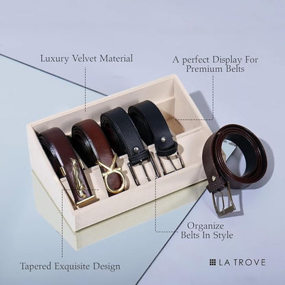 La Trove 5 Slot Belt Organizer Tray, Velvet Drawer Insert for Men’s Belts, Belt Storage Organizer for Closet & Drawer, Cream