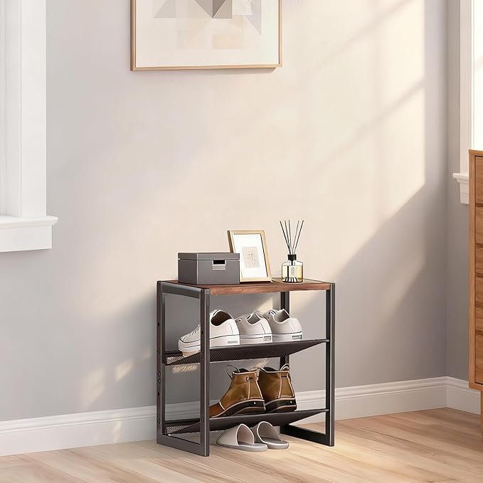 3 Tier Metal Shoe Rack, Sturdy Steel Frame with Rust-Proof Coating, MDF Top, Adjustable Flat Inclined Mesh Shelves, Anti-Tip Scratch-Resistant Feet, Sleek Show Rack for Entryway, Hallway, Garage