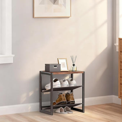 3 Tier Metal Shoe Rack, Sturdy Steel Frame with Rust-Proof Coating, MDF Top, Adjustable Flat Inclined Mesh Shelves, Anti-Tip Scratch-Resistant Feet, Sleek Show Rack for Entryway, Hallway, Garage