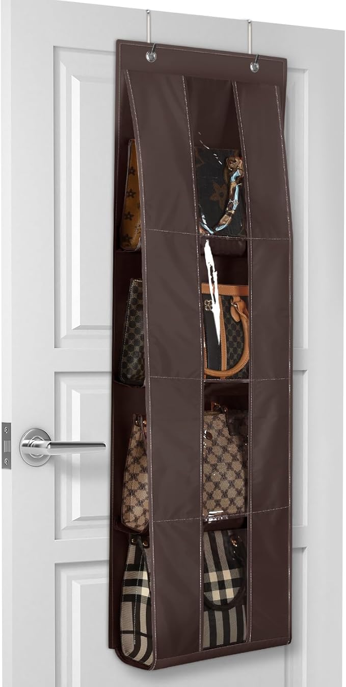 Lirex Over the Door Purse Organizer, Handbag Storage with 4 Clear Pockets Foldable, for Purses, Scarves, Clothing, and Leggings, Hanging Closet Organizer, Brown