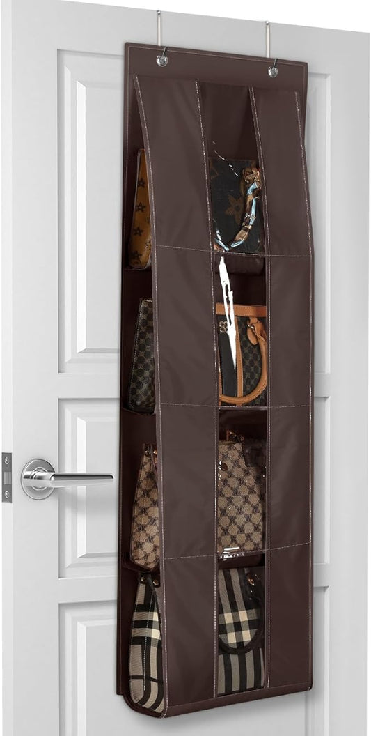 Lirex Over the Door Purse Organizer, Handbag Storage with 4 Clear Pockets Foldable, for Purses, Scarves, Clothing, and Leggings, Hanging Closet Organizer, Brown