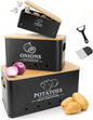 Kitchen Vegetable Storage Set of 3, Metal Onion Garlic Potato Storage Set, Kitchen Canisters Vegetable Keeper Containers with Aerating Holes and Wooden Lid (Black)