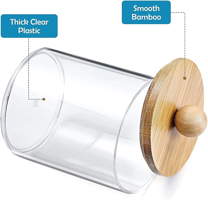 3Pcs Acrylic Qtip Holder Dispenser with Bamboo Lids ClearBathroom Jars with Tray Cotton Swab Storage Dispenser Reusable Bathroom Canisters Swab Ball Holder Dispenser for Makeup Cotton Swab Floss Pick