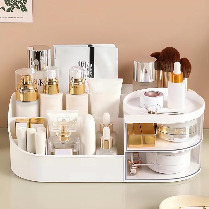Makeup Storage Organizer with Drawer, Countertop Cosmetic Organizer for Vanity, Multi-purpose Cosmetic Storage Case Organizer for Dressing Table, Bedroom and Bathroom Countertop