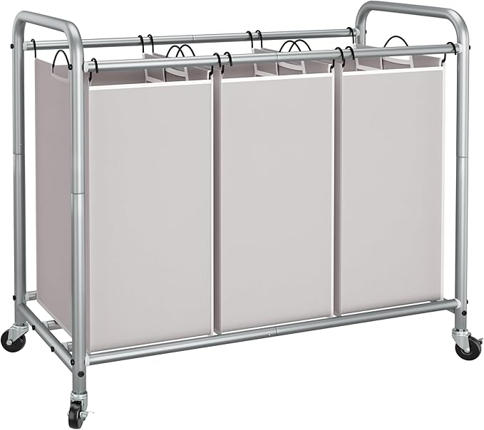 STORAGE MANIAC 3 Section Laundry Sorter, 35.6 Gal (135 L) Laundry Hamper Cart with Heavy Duty Rolling Lockable Wheels and Removable Bags, Clothes Organizer Basket Clothes Separator Hamper, Gray