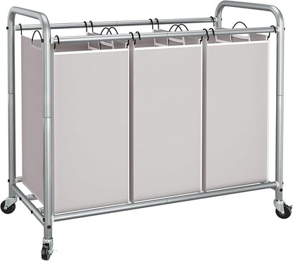STORAGE MANIAC 3 Section Laundry Sorter, 35.6 Gal (135 L) Laundry Hamper Cart with Heavy Duty Rolling Lockable Wheels and Removable Bags, Clothes Organizer Basket Clothes Separator Hamper, Gray