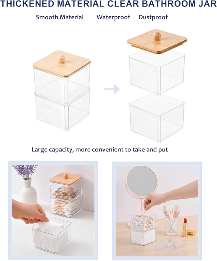 Cotton Swab Holder with Bamboo Lid, Double Layer Cotton Bud Dispenser, Premium Plastic Organizer for Guest Bathroom Vanity, Floss Pick & Hair Tie Storage Container
