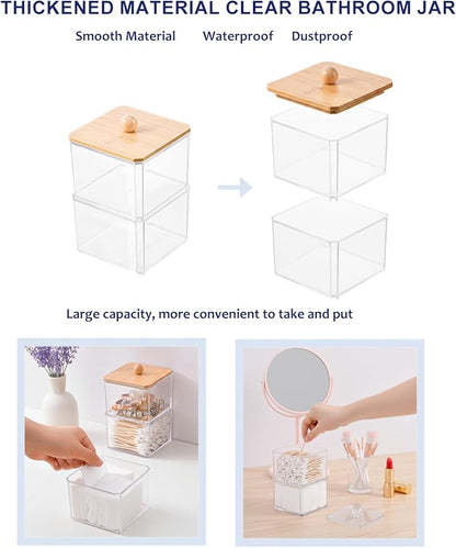 Cotton Swab Holder with Bamboo Lid, Double Layer Cotton Bud Dispenser, Premium Plastic Organizer for Guest Bathroom Vanity, Floss Pick & Hair Tie Storage Container