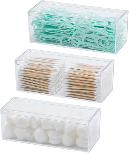 3 Pack Qtip Organizer Container with Lid, Plastic Bathroom Vanity Storage Canister for Cotton Swabs and Balls, Makeup Sponges, Hair Clips, Clear Counter and Desk Drawer Holder