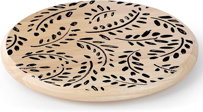 CounterArt Black Leaves Decorative Round Natural Wood Lazy Susan Turntable 14" Diameter Condiment Caddy, Cheese Server, Cake Plate, Spice Organization