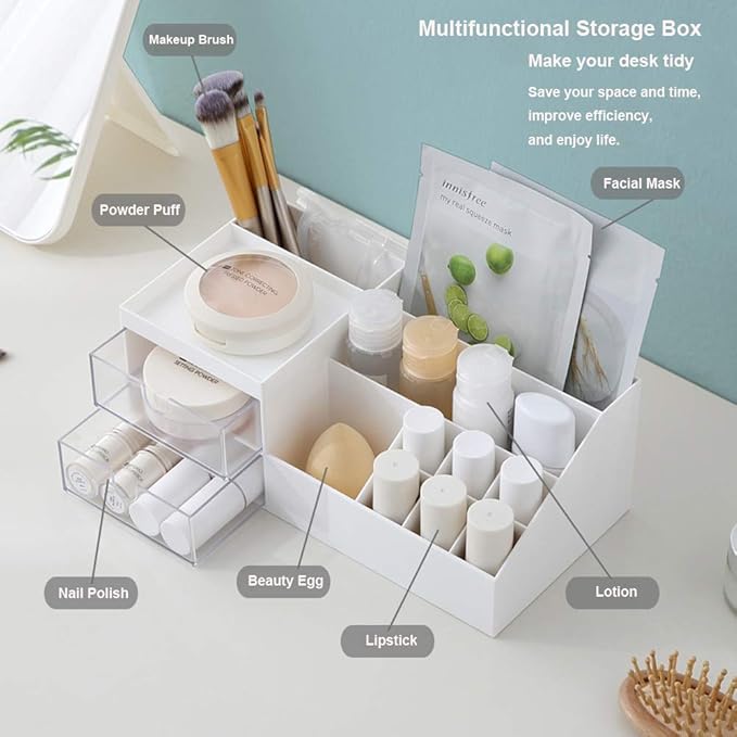 AfooBezos Multifunction Desk Organizer, Makeup Storage for Eyeshadows, Concealers, Powders, Nail Polish,9.65‘’x 4.8‘’x 3.67‘’ (White)