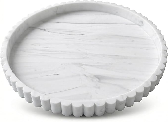 Round Silicone Bathroom Vanity Tray, Decorative Organizer for Soap, Perfume, Candle, Kitchen Countertop, Coffee Table Decor (White Marble, 9")
