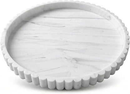 Round Silicone Bathroom Vanity Tray, Decorative Organizer for Soap, Perfume, Candle, Kitchen Countertop, Coffee Table Decor (White Marble, 9")