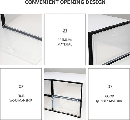 SHINEOFI Thickened Plastic Shoe Storage Boxes 4pcs Waterproof Dustproof Shoes Holder Organizer with Black Frame for Home Closet Storage
