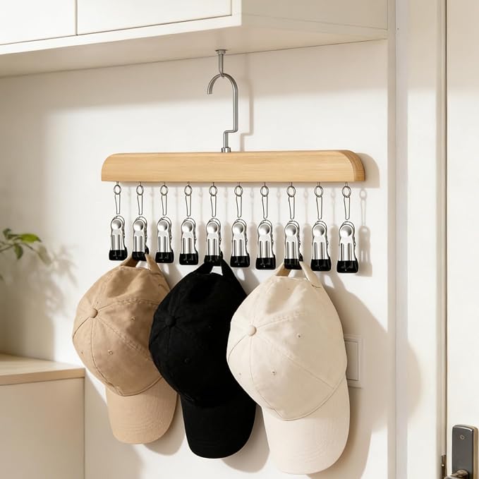 Hanging Closet Organizer, Wooden Legging Hanger with 10 Clips,Space Saving Hats Organizer for Closet,360° Rotating Wooden Multi-Hanger for Pants, Skirts and Socks Storage (Natural Finish)