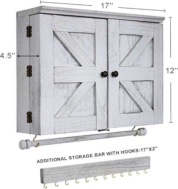 Rustic Wall Mounted Jewelry Organizer,Vintage Wooden Hanging Jewelry Holder Box with Barndoor Decor for Necklaces, Earings, Bracelets, Rings, Accessories. Includes Hook Organizer