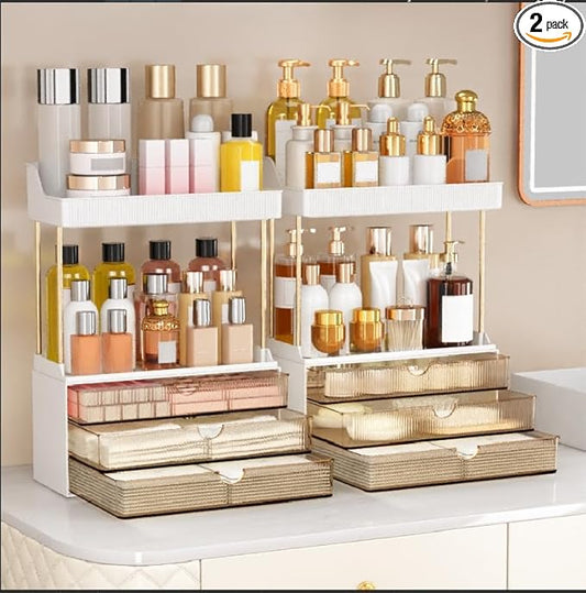 caktraie 2 Pack Bathroom Organizers and Storage - 3 Drawers 2 Tier Makeup Organizer, Cosmetic Storage Drawer for Dresser Countertop and Bathroom Vanity for Large Skincare, Perfume, Amber