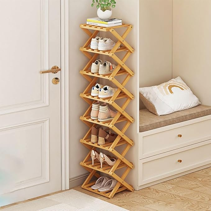 Narrow Shoe Rack - Shoe Storage Organiser- Vertical Bamboo Foldable Shoes Shelf for Entryway, Closet, Bedroom, Hallway ([Primary Color] 8 Layers)