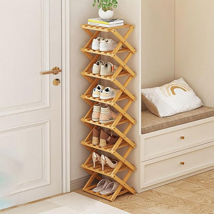 Narrow Shoe Rack - Shoe Storage Organiser- Vertical Bamboo Foldable Shoes Shelf for Entryway, Closet, Bedroom, Hallway ([Primary Color] 8 Layers)