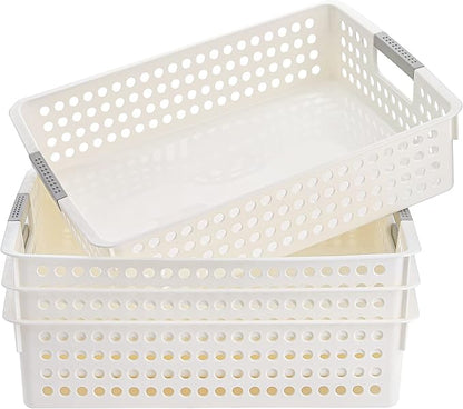 Bekith 4 Pack Plastic Storage Basket, A4 Size Plastic Storage Tray, Desktop File Organizer Baskets, 14 Inches x 10 Inches x 3.4 Inches, White