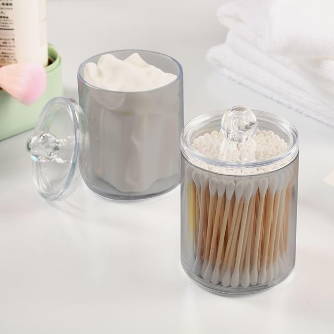 Grey Qtip Dispenser Apothecary Jars Bathroom Qtip Holder Storage Canister 10 Oz Plastic Jar for Cotton Ball Swab Round Pads Floss 2pcs