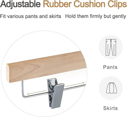 TOPIA HANGER Natural Unfinished Wood Pants Hangers, Wooden Skirt Hanger with Adjustable Clips, 360° Swivel Anti-Rust Hook, Smooth Finish Wood for Trousers 10 Pack-CT10PN
