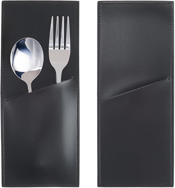 2PCS Black PU Leather Knife and Fork Cutlery Sleeves Rustic Utensils Storage Holder Leather Silverware Pouch Bags Vintage Flatware Tableware Place Set Organizer for Home Kitchen Table Decor