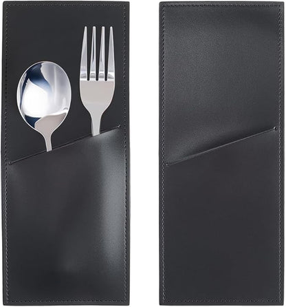 2PCS Black PU Leather Knife and Fork Cutlery Sleeves Rustic Utensils Storage Holder Leather Silverware Pouch Bags Vintage Flatware Tableware Place Set Organizer for Home Kitchen Table Decor