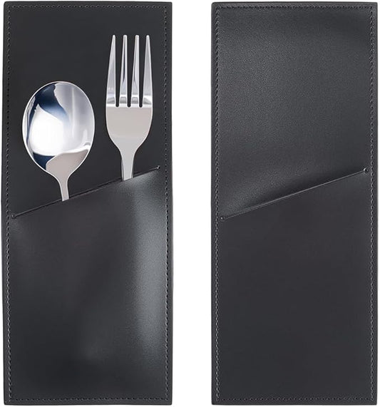 2PCS Black PU Leather Knife and Fork Cutlery Sleeves Rustic Utensils Storage Holder Leather Silverware Pouch Bags Vintage Flatware Tableware Place Set Organizer for Home Kitchen Table Decor