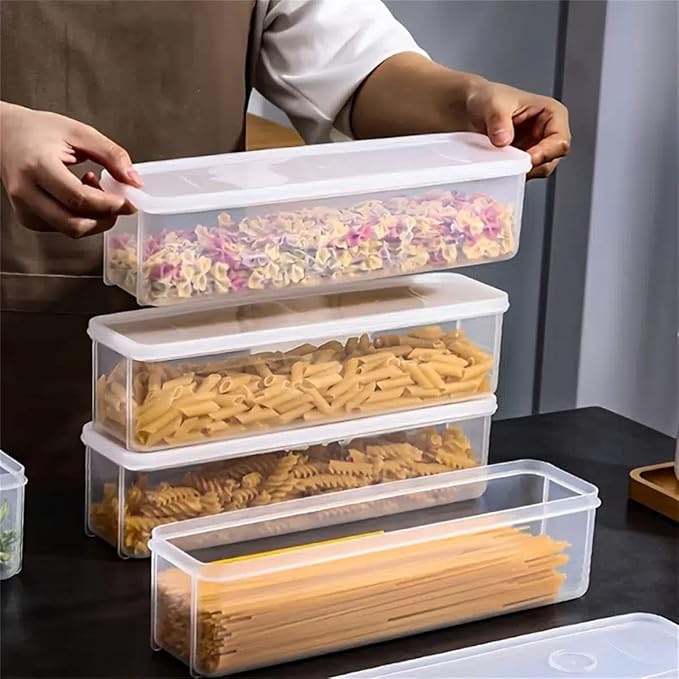 Noodle Storage Box, Plastic Pasta Storage Container Kitchen Spaghetti Food Storage Box with Lid Fridge Airtight Organizer for Noodles, Eggs, Fruits Snacks (Transparent,11.4x2.55x3.14in)