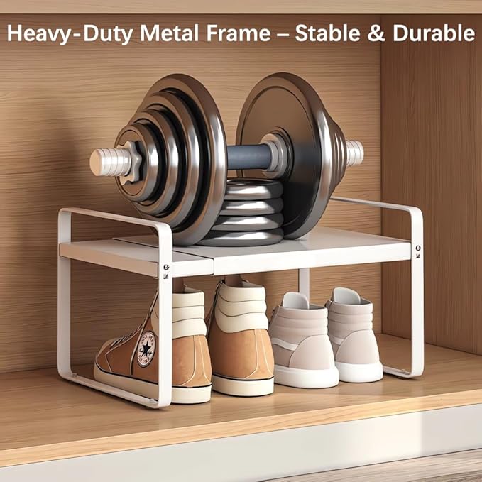 Expandable 1-Tier Metal Shoe Rack (H:7"), Adjustable Width 14.9"–23.6", Heavy-Duty Free-Standing Shoe Shelf for Closet, Entryway & Small Spaces – Single Pack