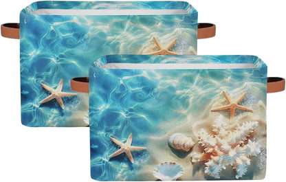 AUUXVA Storage Basket Tropical Sea Beach Starfish Seashell Storage Cube Box Durable Canvas Collapsible Toy Basket Organizer Bin with Handles for Shelf Closet Bedroom Home Office