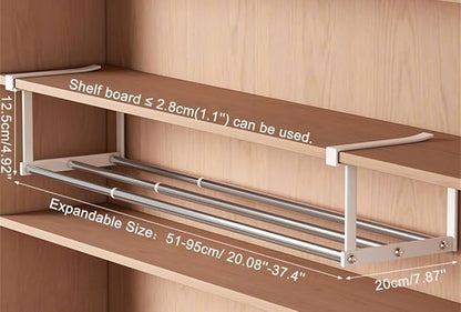 Expandable Shoe Rack Closet Hanging Organizer 20.08''-37.4'' Metal Adjustable Under Cabinet Storage Shelf Space Saving for Kitchen Pantry Room Dorm, Silver + White, 1 Pack