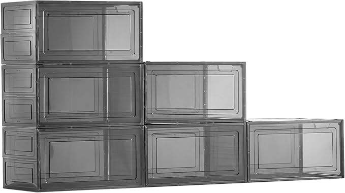 VEVOR Shoe Storage Boxes, 6 Pack Clear Stackable Shoe Boxes Storage Organizers with Magnetic Door, Fit up to US Size 13, Plastic Sneaker Containers for High Heels, Boots, and Hats, Transparent Black