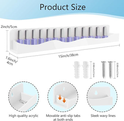 Nail Polish Wall Rack, 6-Shelf 15-Inch White Acrylic Nail Polish Shelves with Removable Ends – Multi-Purpose Shelf for Essential Oils, Cosmetics Storage and Display for Salons and Bathrooms