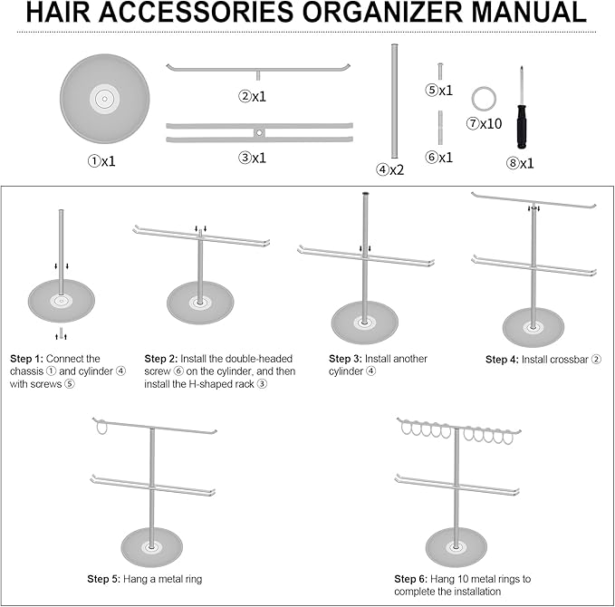 Metal Headband Holder Organizer, 2-Tier Headband Storage with Tray, Hairband Display Stand with 10 Golden Rings, Hair Accessories Claw Clip Organizer for Women and Girls