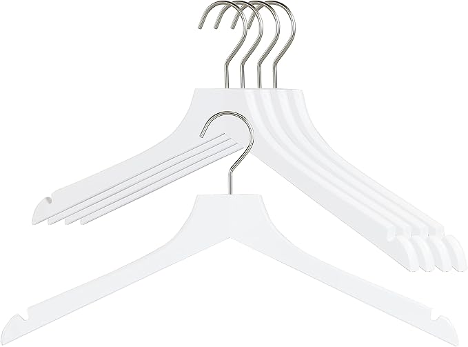 MAWA by Reston Lloyd, European Wooden Hanger, Beech Wood Straight Hanger with Shoulder Notches, Rotating Chrome Hook, White Finish, for Shirts, Blazers, Dress Clothes, Set of 5 (26135)