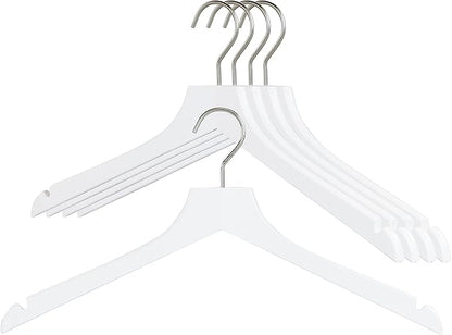 MAWA by Reston Lloyd, European Wooden Hanger, Beech Wood Straight Hanger with Shoulder Notches, Rotating Chrome Hook, White Finish, for Shirts, Blazers, Dress Clothes, Set of 5 (26135)