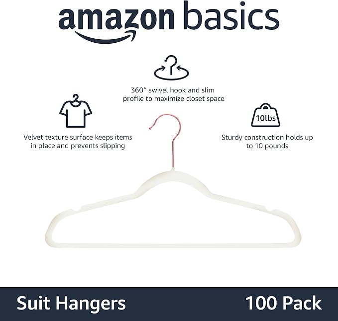 Amazon Basics Slim Velvet Non-Slip Space Saving Suit Clothes Hangers for Closet Organization, Ivory/Rose Gold, 100-Pack