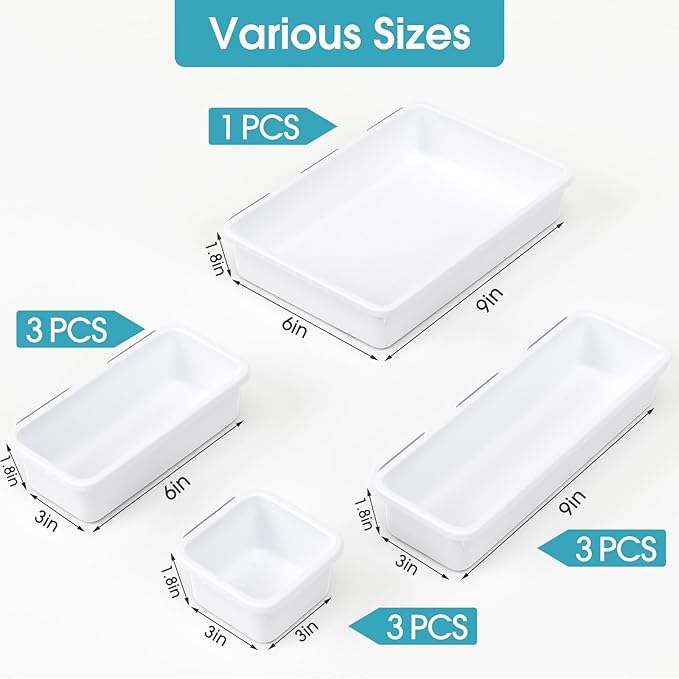 10 PCS Drawer Organizer Set, 4 Size Makeup Drawer Divider Organizer With Non-Slip Pads, Interlocking Plastic Storage Bins for Office,Jewelry Vanity,Gadgets, Bathroom,Kitchen, White
