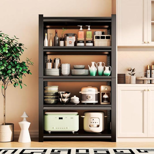 5 Tier Kitchen Storage Rack, Adjustable Metal Shelving Unit, Heavy Duty Bakers Rack with Solid Shelves for Kitchen Pantry, Coffee Bar, Estantes para Cocina - 31.5"W x 13.8"D x 71.2"H, Black