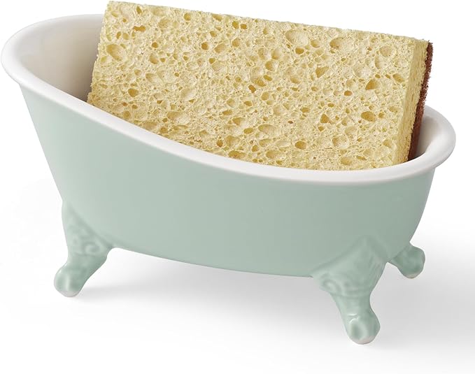6.1" Vintage Ceramic Mini Decorative Clawfoot Bathtub Bar Soap Dish, Kitchen Sponge Holder and Shower Tray for Bathroom, 1 Pack (Bright Teal)