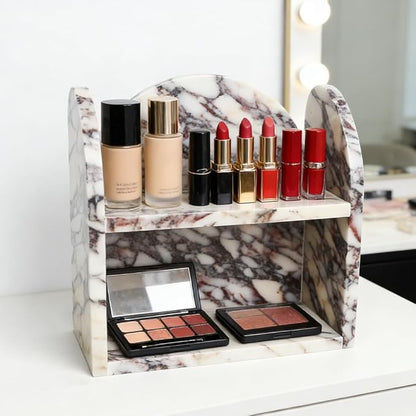 DUANYAN Marble Bathroom Counter Organizers and Storage, 2-Tier Luxurious Makeup Organizer for Perfume Cosmetic Skincare Jewelry, Natural Marble Counter Shelf, No Assembly Required