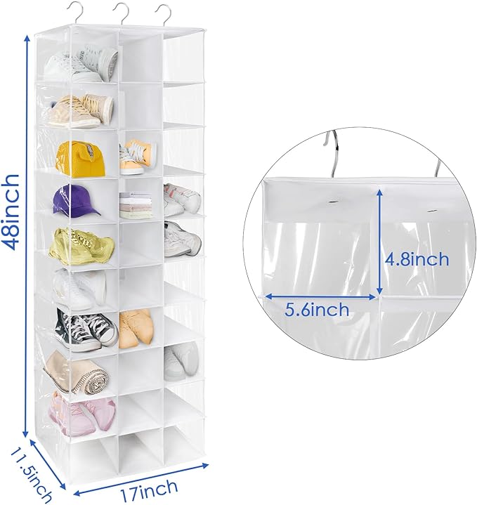 Libeder Hanging Closet Organizers - 30 Section Shoe Shelves, Space Saving Shoe Holder, White