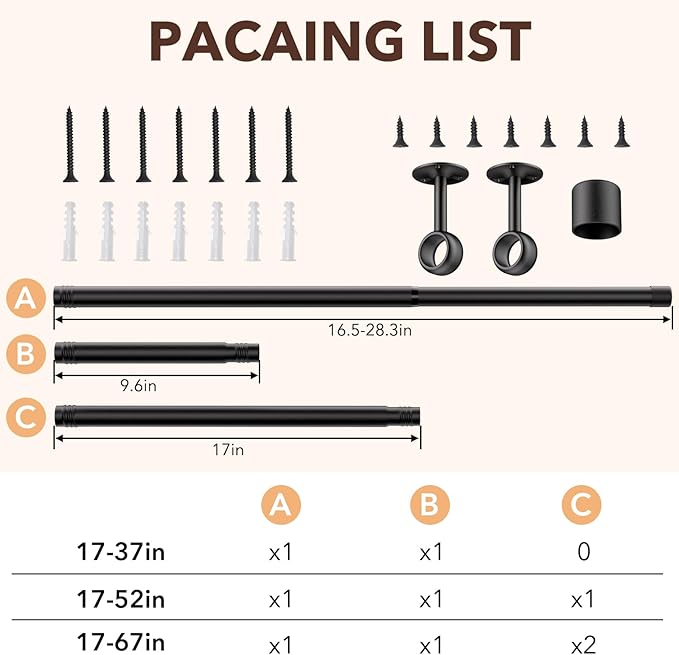 SUTINE Closet Rod, Closet Rods for Hanging Clothes, 17 to 52 inch Adjustable Ceiling/Wall mounted Closet Hanging Rod, Heavy Duty Clothes Rod Clothing Bar, Closet Poles for Hanging Clothes for Wardrobe