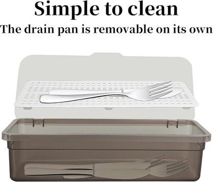 6 Pcs Flatware Tray with Lid Large Plastic Drainer Silverware Utensil Clear Drawer Organizer Cutlery Storage Container Box Dinnerware Holder with Cover for Home Kitchen Travel