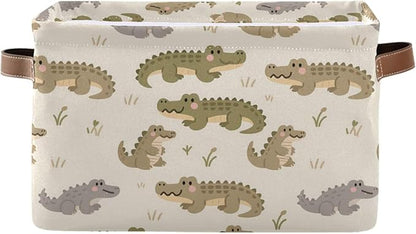 Large Storage Basket Alligator Pattern Storage Bin Cube Canvas Fabric Organizer Handles Collapsible for Clothes Toys Bedroom Decorative