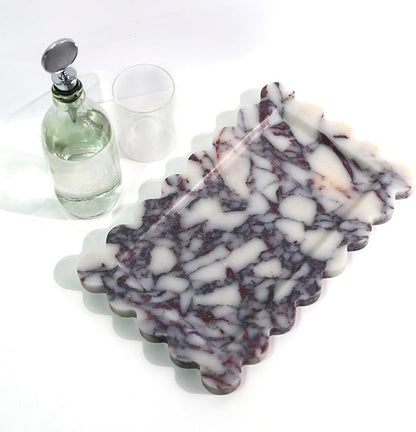 Natural 100% Marble Vanity Tray Luxury Scalloped Marble Storage Square Rectangle Tray for Home Decor Stone Tray for Bathroom Kitchen Candle Key (Rectangle-11.8 * 7.4-Calacatta Viola)